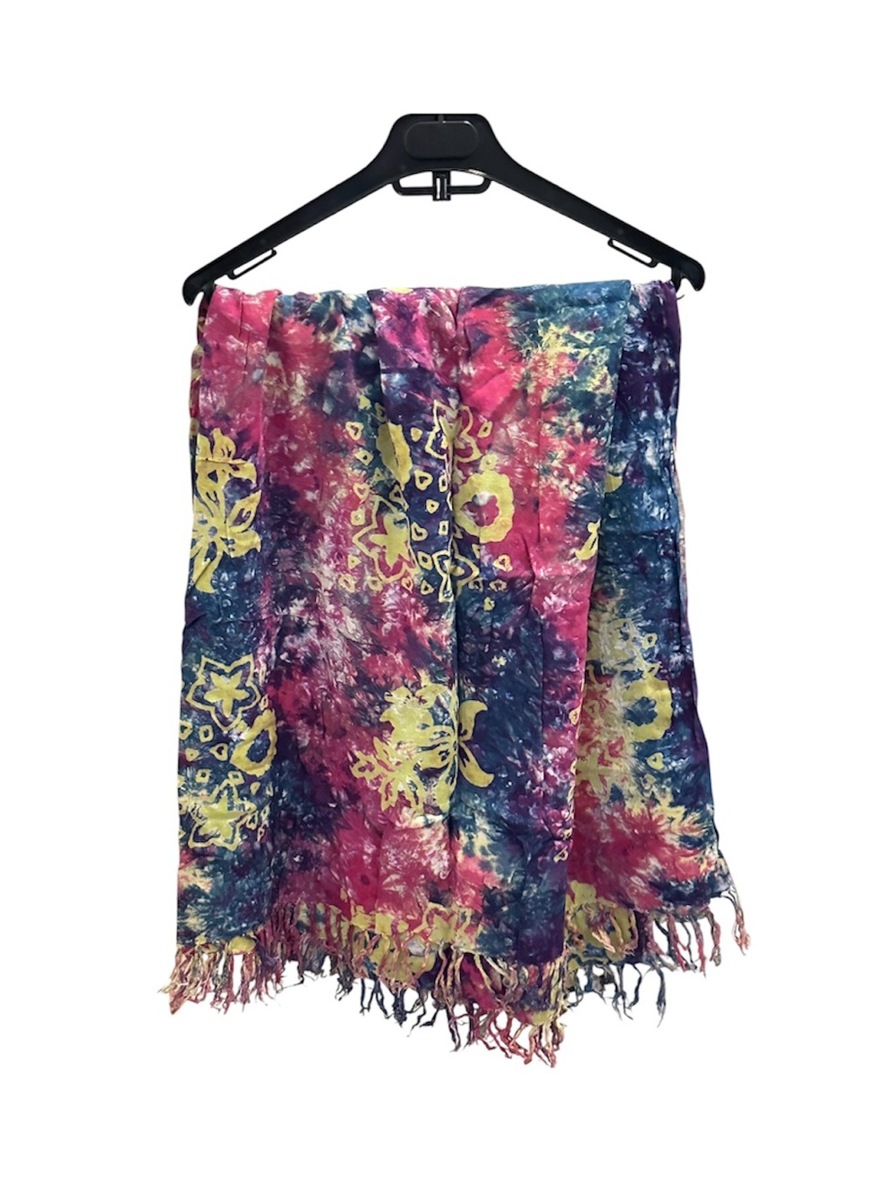 Colorful Tie-Dye Floral Fringe Scarf - Pink, Blue & Yellow